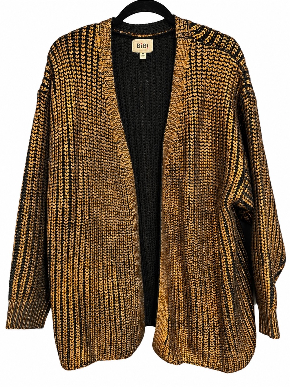 BiBi Black & Gold Copper Foil Metallic Chunky Open-Front Knit Cardigan